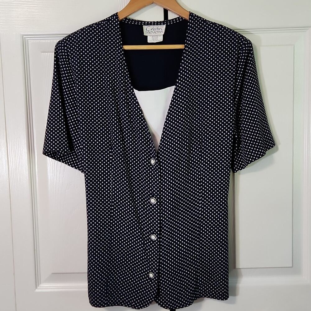 Vintage Cristin Stevens Navy Blue White Polka‎ Dot Blouse Size Med 80s Preppy